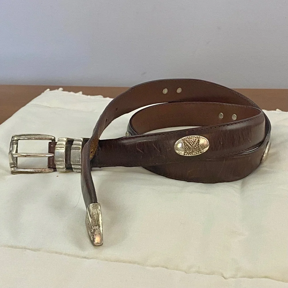 AML 3000 VTG Brown Top Grain Oil Tan Leather Golf Belt Silver Tone Concho Sz 36
